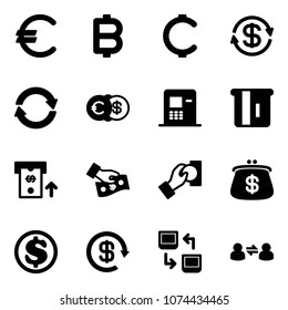 Solid vector icon set - euro vector, bitcoin, cent, dollar exchange, atm, cash pay, purse, reload, data, information