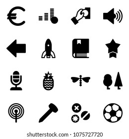 Solid vector icon set - euro vector, coin, cash pay, volume max, left arrow, rocket, book, star medal, microphone, pineapple, dragonfly, forest, antenna, nail, rivet, soccer ball