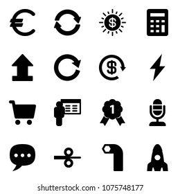 Solid vector icon set - euro vector, exchange, dollar sun, calculator, uplooad, reload, lightning, cart, presentation, gold medal, microphone, chat, steel rolling, allen key, rocket