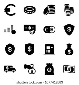 Solid vector icon set - euro vector, coin, cash, dollar, safe, atm, money bag, encashment car