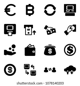 Solid vector icon set - euro vector, bitcoin, exchange, atm, cash pay, wallet, purse, dollar, data, information, cloud