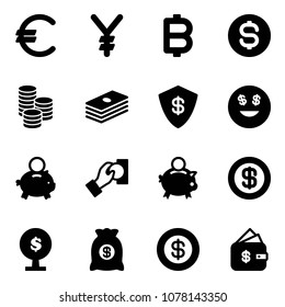 Solid vector icon set - euro vector, yen, bitcoin, dollar coin, safe, smile, piggy bank, cash pay, money tree, bag, finance management
