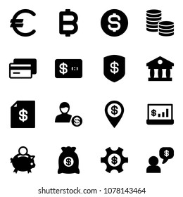 Solid vector icon set - euro vector, bitcoin, dollar coin, credit card, safe, bank, account statement, pin, statistics, piggy, money bag, managemet, dialog