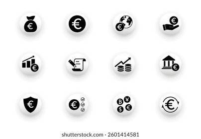 Solid vector icon set with euro, exchange, finance, banking, business symbols.