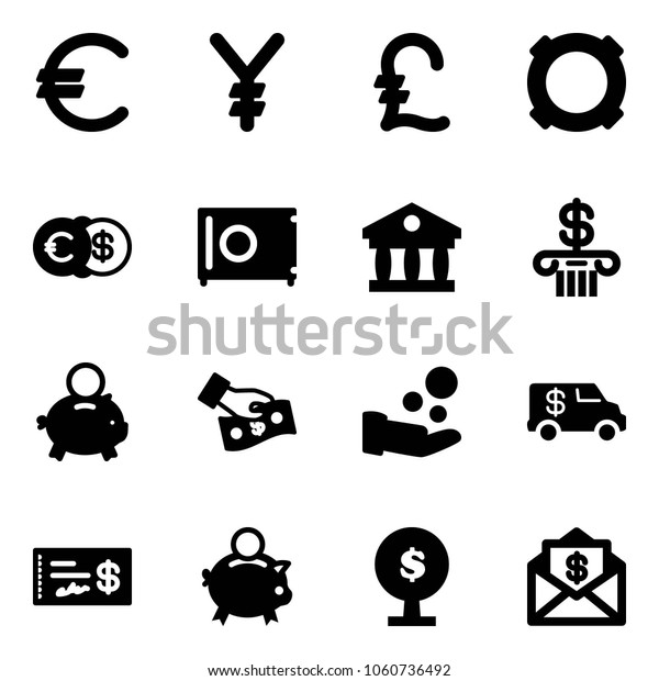 Solid vector icon set - euro vector, yen, pound,\
currency, dollar, safe, bank, piggy, cash pay, encashment car,\
check, money tree, mail