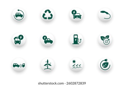 Solid vector icon set with EV, green transportation, zero emissions, sustainable transport symbols. Web design icons.