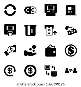 Solid vector icon set - exchange vector, euro dollar, atm, cash pay, wallet, reload, data, information