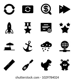 Solid vector icon set - exchange vector, card, money click, fast forward, rocket, star medal, certificate, stars, inflatable pool, anchor, snow, globe, level, chisel, dinosaur toy, monster