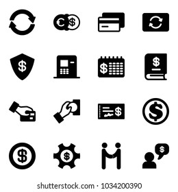 Solid vector icon set - exchange vector, euro dollar, credit card, safe, atm, finance calendar, annual report, pay, cash, check, money managemet, agreement, dialog