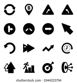 Solid Vector Icon Set - Exchange Vector, Dollar Pin, Turn Right Road Sign, Left, Only Forward, Detour, Cursor, Undo, Fast, Growth Arrow, Clock Around, Up, Career, Target, Solution