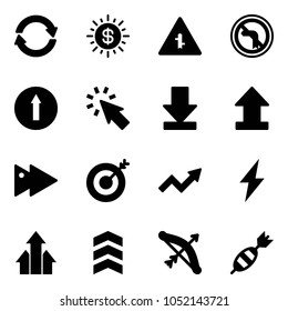 Solid vector icon set - exchange vector, dollar sun, intersection road sign, no left turn, only forward, cursor, download, uplooad, fast, target, growth arrow, lightning, arrows up, chevron, bow