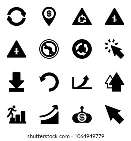 Solid vector icon set - exchange vector, dollar pin, round motion road sign, intersection, no left turn, circle, cursor, download, undo, growth arrow, up, career, rise