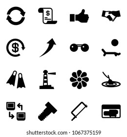 Solid vector icon set - exchange vector, account history, like, agreement, dollar reload, growth, sunglasses, lounger, flippers, lighthouse, flower, fishing, data, bolt, metal hacksaw, generator