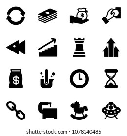 Solid vector icon set - exchange vector, dollar, investment, cash pay, fast backward, growth, chess tower, arrows up, money bag, casting of steel, clock, sand, link, machine tool, rocking horse