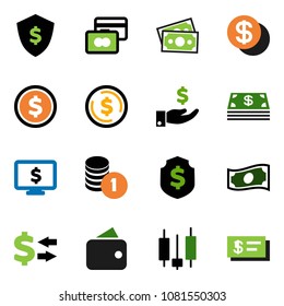 solid vector icon set - exchange vector, dollar coin, japanese candle, credit card, cash, investment, stack, shield, monitor, money, wallet, check