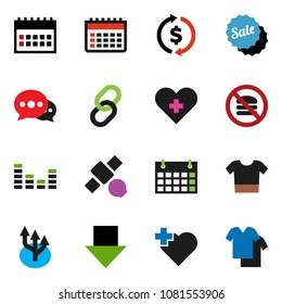 solid vector icon set - exchange vector, arrow down, calendar, no fastfood, heart cross, satellite, equalizer, link, message, route, sale, clothes