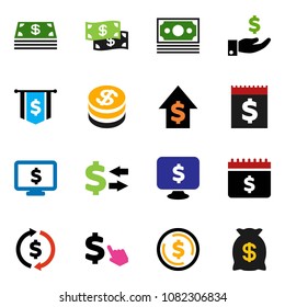 solid vector icon set - exchange vector, dollar coin, investment, growth, flag, calendar, monitor, cursor, money, receipt, cash, bag