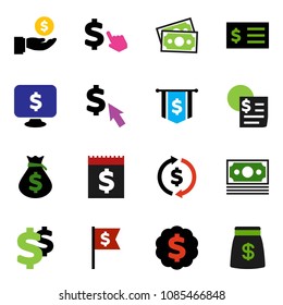 solid vector icon set - exchange vector, money bag, investment, receipt, dollar medal, flag, monitor, cursor, sign