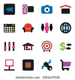 solid vector icon set - exchange vector, man, target, calendar, satellite, dry cargo, camera, settings, video, stop button, backward, notebook network, globe, barn, cushioned furniture, cart