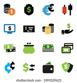 solid vector icon set - exchange vector, japanese candle, credit card, investment, coin stack, check, dollar shield, monitor, euro sign, cent, wallet, cash