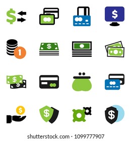 solid vector icon set - exchange vector, credit card, cash, investment, coin stack, monitor dollar, any currency, money, wallet, shield