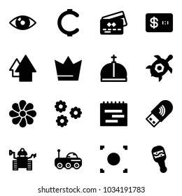 Solid vector icon set - eye vector, cent, credit card, arrow up, crown, sea turtle, flower, terms plan, usb wi fi, robot, moon rover, record button, beanbag