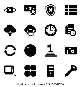 Solid vector icon set - eye vector, cash, shield cross, menu, upload cloud, refresh, time, history, record, pyramid flag, photo, monoblock pc, atom core, server, screw
