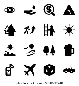 Solid vector icon set - eye vector, drop hand, money click, turn left road sign, arrow up, career, opportunity, sun, reading, waves, forest, beer, mobile phone, plane, cube toy, car