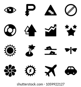 Solid vector icon set - eye vector, ruble, multi lane traffic road sign, no limit, circle chart, arrow up, growth, stars, sun, palm, flip flops, dragonfly, flower, power, plane, car