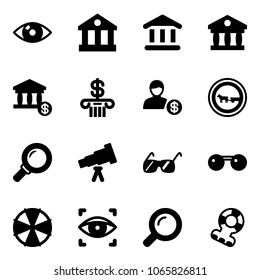 Solid vector icon set - eye vector, bank, account, no cart horse road sign, magnifier, telescope, sunglasses, parasol, scanner, teethers