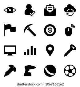 Solid vector icon set - eye vector, user check, opened mail, refresh cloud, flag, rock axe, dollar, mouse wireless, monitor, chart, navigation pin, screw, drill, ball, soccer