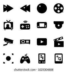Solid vector icon set - fast forward vector, backward, record, film coil, tv news, joystick wireless, game console, surveillance camera, projector, playback, movie flap, button