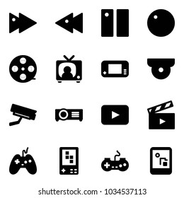 Solid vector icon set - fast forward vector, backward, pause, record, film coil, tv news, game console, surveillance camera, projector, playback, movie flap, joystick, gamepad