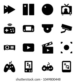 Solid vector icon set - fast forward vector, pause, record, tv news, joystick wireless, game console, surveillance camera, projector, playback, movie flap, button, gamepad