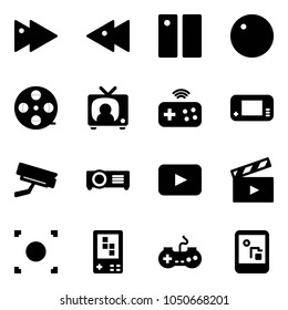 Solid vector icon set - fast forward vector, backward, pause, record, film coil, tv news, joystick wireless, game console, surveillance camera, projector, playback, movie flap, button, gamepad