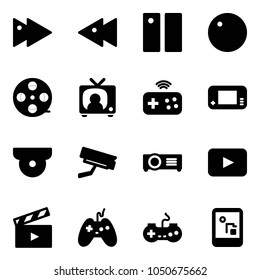 Solid vector icon set - fast forward vector, backward, pause, record, film coil, tv news, joystick wireless, game console, surveillance camera, projector, playback, movie flap, gamepad