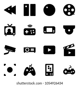 Solid vector icon set - fast backward vector, pause, record, film coil, tv news, joystick wireless, game console, surveillance camera, projector, playback, movie flap, button, gamepad