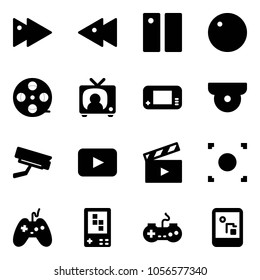 Solid vector icon set - fast forward vector, backward, pause, record, film coil, tv news, game console, surveillance camera, playback, movie flap, button, joystick, gamepad