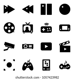 Solid vector icon set - fast forward vector, backward, pause, record, film coil, tv news, joystick wireless, game console, surveillance camera, projector, playback, movie flap, button, gamepad