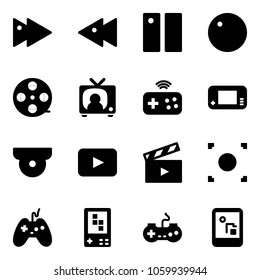 Solid vector icon set - fast forward vector, backward, pause, record, film coil, tv news, joystick wireless, game console, surveillance camera, playback, movie flap, button, gamepad