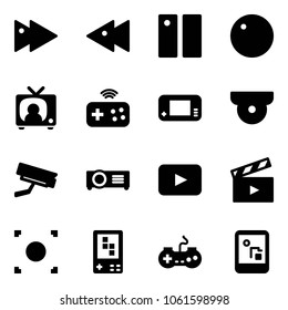 Solid vector icon set - fast forward vector, backward, pause, record, tv news, joystick wireless, game console, surveillance camera, projector, playback, movie flap, button, gamepad