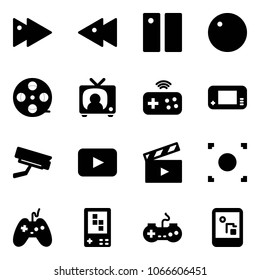 Solid vector icon set - fast forward vector, backward, pause, record, film coil, tv news, joystick wireless, game console, surveillance camera, playback, movie flap, button, gamepad
