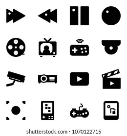 Solid vector icon set - fast forward vector, backward, pause, record, film coil, tv news, joystick wireless, surveillance camera, projector, playback, movie flap, button, game console, gamepad