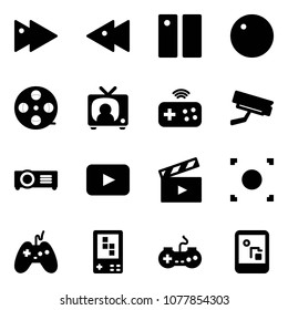 Solid vector icon set - fast forward vector, backward, pause, record, film coil, tv news, joystick wireless, surveillance camera, projector, playback, movie flap, button, game console, gamepad