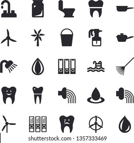 Solid vector icon set - faucet flat vector, toilet, shower, saute, windmill, pulverizer, rake, bucketful, hose irrigation, drop, glass bottles, tooth, caries, dental crowns, folders for papers, pool