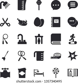 Solid vector icon set - faucet flat vector, shower, meashuring cup, scissors, egg, chicken, lollipop, coffe, main pipeline, chat, hospital bed, book, spark, textbook, centimeter, skipping rope, golf