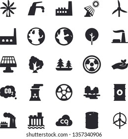 Solid vector icon set - faucet flat vector, tree, seedlings, solar battery, windmill, earth, factory, oil tanks, forest, hydroelectric power station, manufactory, radiation, carbon dioxide