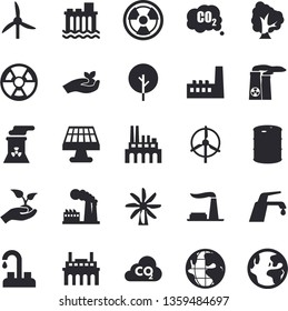 Solid vector icon set - faucet flat vector, tree, seedlings, solar battery, windmill, factory, oil tanks, hydroelectric power station, manufactory, plant, radiation, carbon dioxide, earth, nuclear