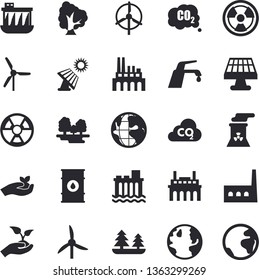 Solid vector icon set - faucet flat vector, tree, seedlings, solar battery, windmill, earth, oil tanks, forest, hydroelectric power station, manufactory, plant, radiation, carbon dioxide, nuclear