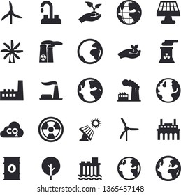 Solid vector icon set - faucet flat vector, tree, seedlings, solar battery, windmill, earth, factory, oil tanks, hydroelectric power station, manufactory, plant, radiation, carbon dioxide, nuclear